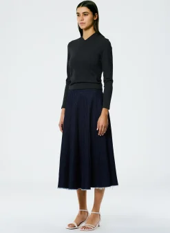 Discount Tibi Brushed Denim Pintucked Skirt Indigo