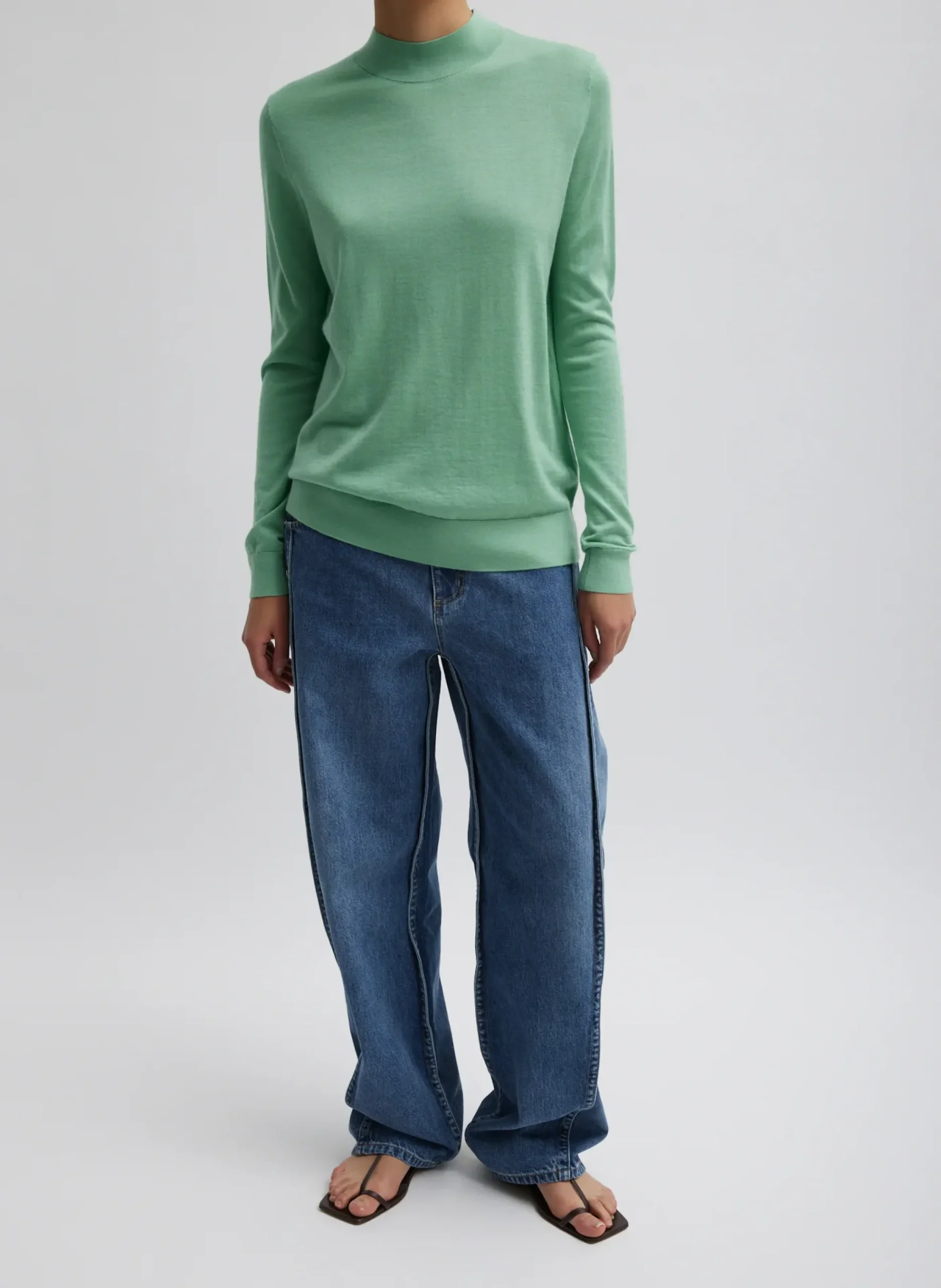 Hot Tibi Cashmere Silk Blend Mock Neck Easy Sweater Green Tea
