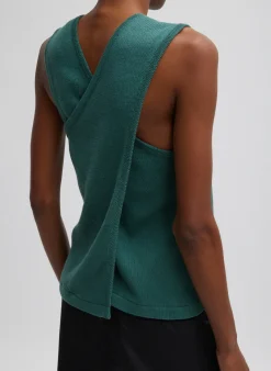 Best Tibi Cotton Criss Cross Sleeveless Sweater Hunter Green