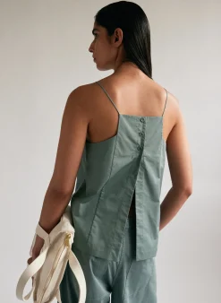 Outlet Tibi Eco Poplin Cropped Square Neck Criss Cross Tank Green Limestone