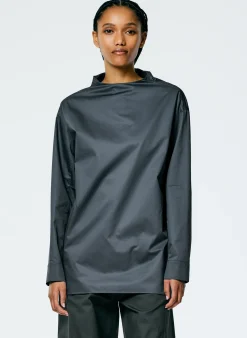 Tibi Eco Poplin Funnelneck Top Navy Fog