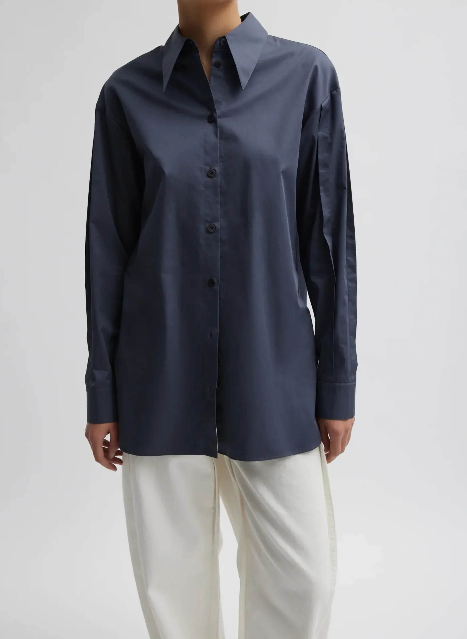 Outlet Tibi Eco Poplin Shirt With Tucked Sleeve Shark Grey