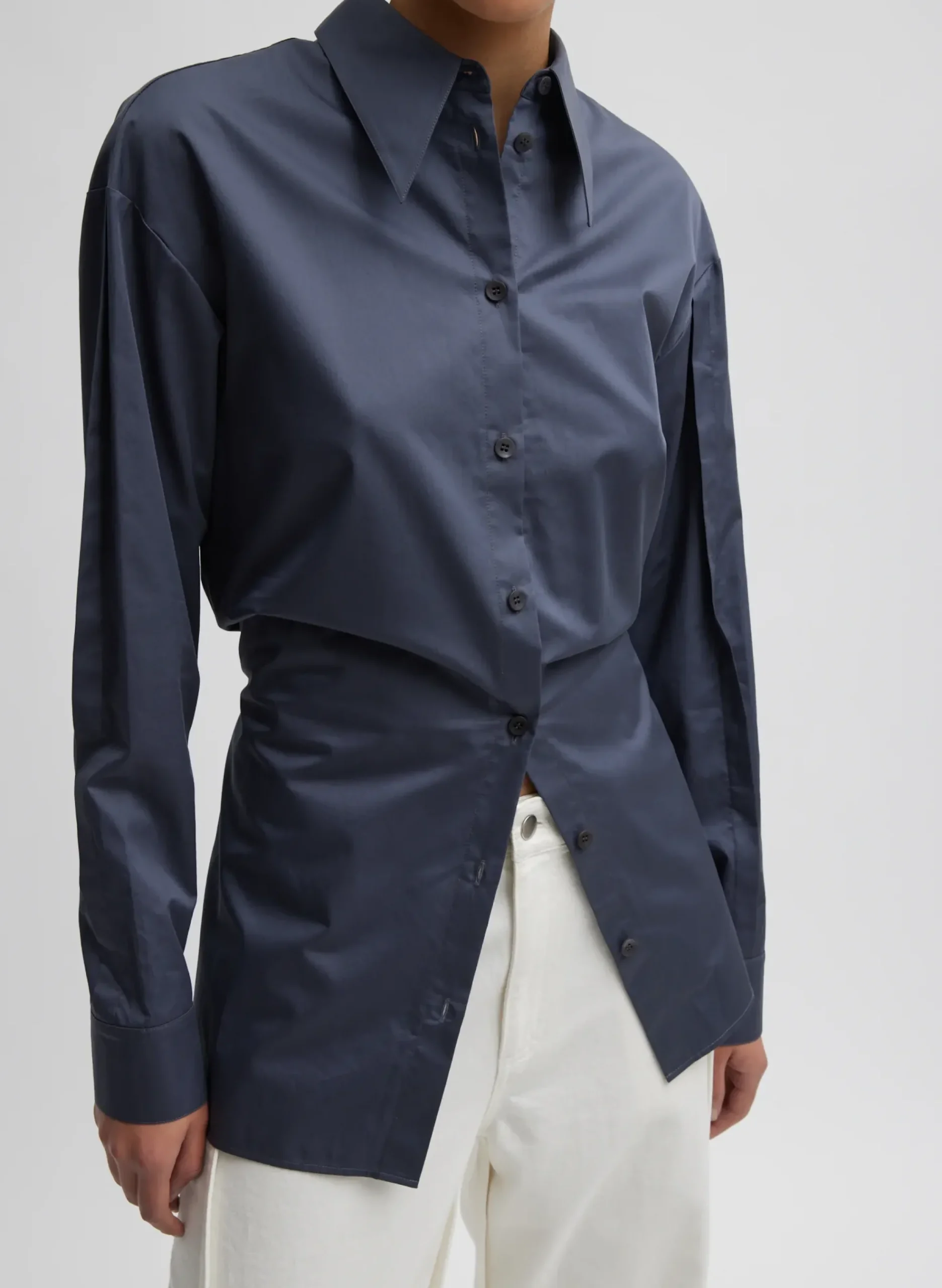 Outlet Tibi Eco Poplin Shirt With Tucked Sleeve Shark Grey