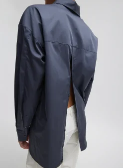 Outlet Tibi Eco Poplin Shirt With Tucked Sleeve Shark Grey