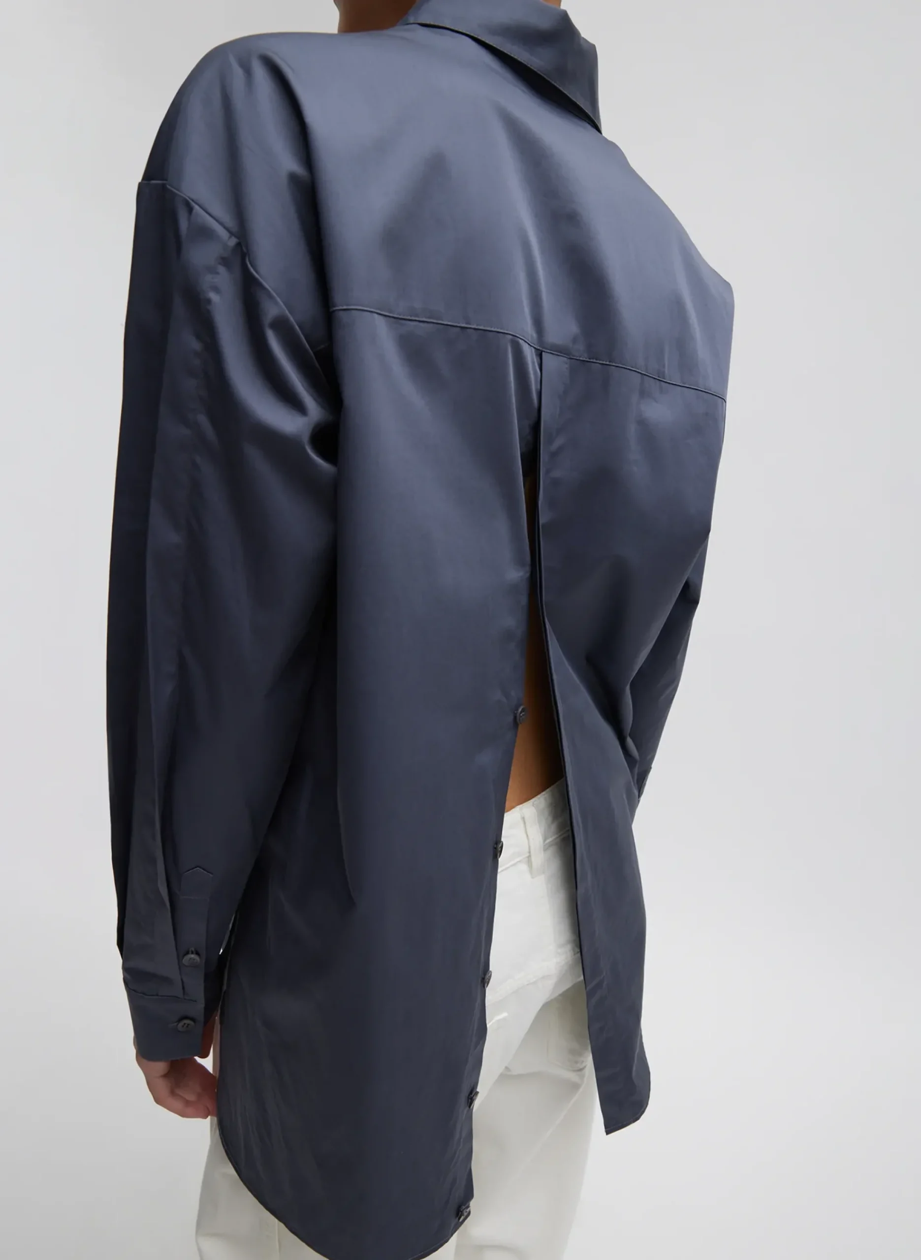 Outlet Tibi Eco Poplin Shirt With Tucked Sleeve Shark Grey