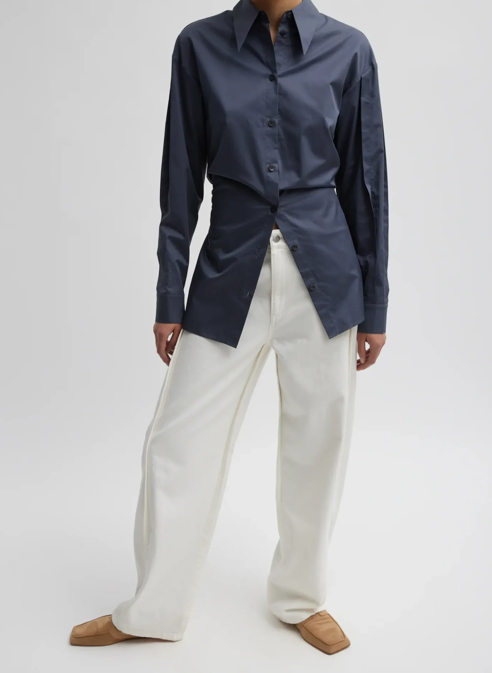 Outlet Tibi Eco Poplin Shirt With Tucked Sleeve Shark Grey