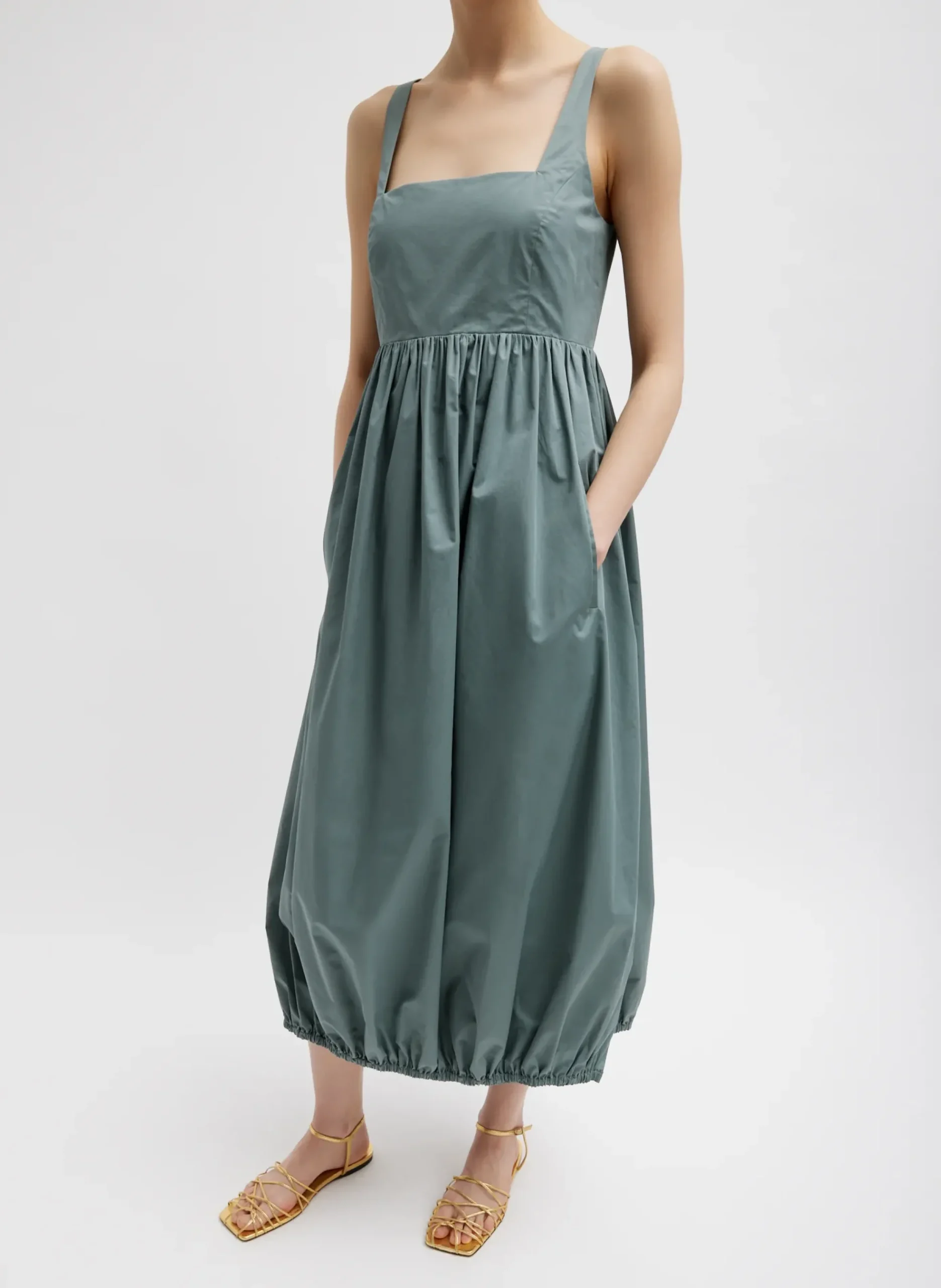 New Tibi Eco Poplin Square Neck Sculpted Dress Green Limestone