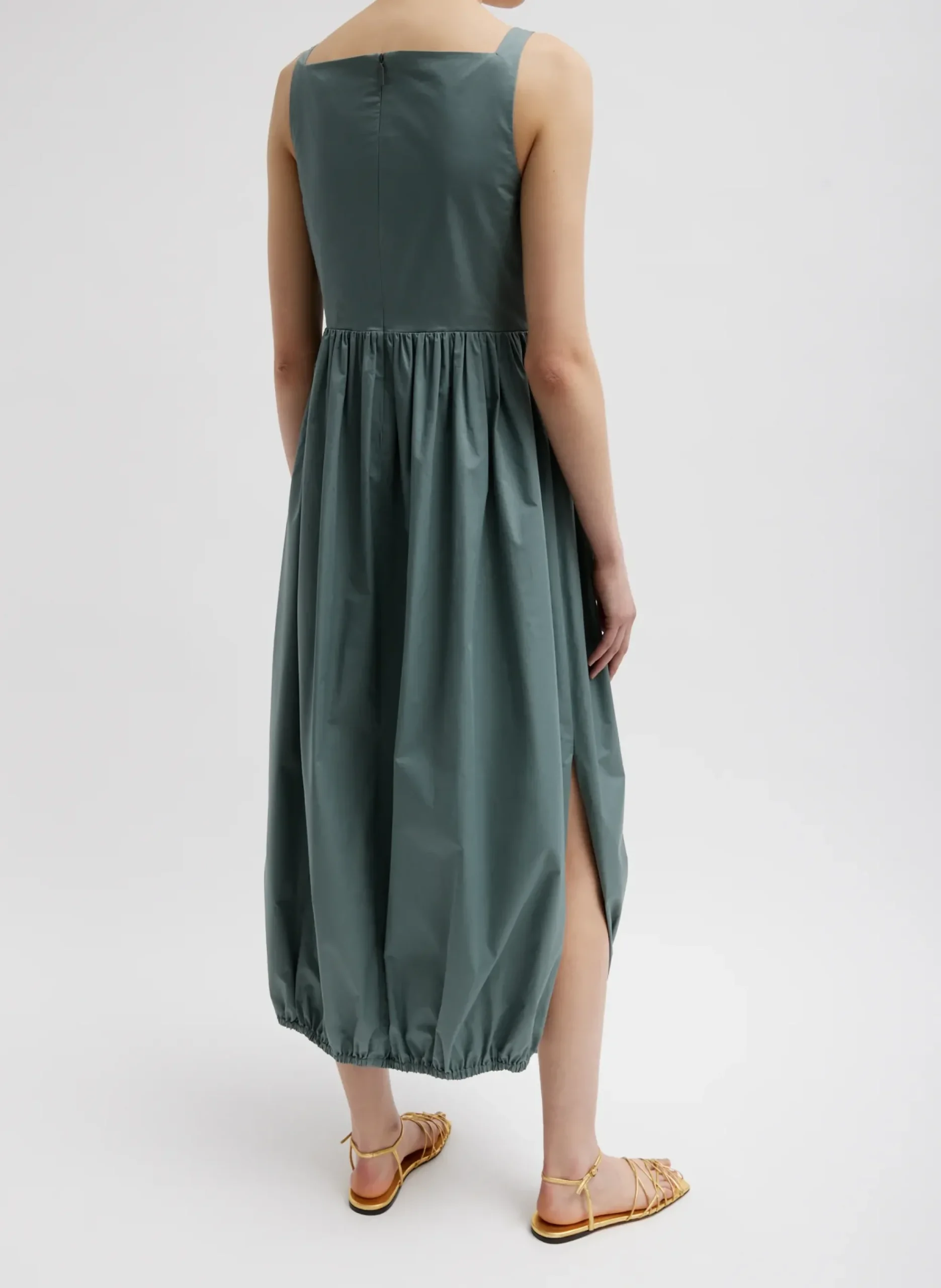 New Tibi Eco Poplin Square Neck Sculpted Dress Green Limestone