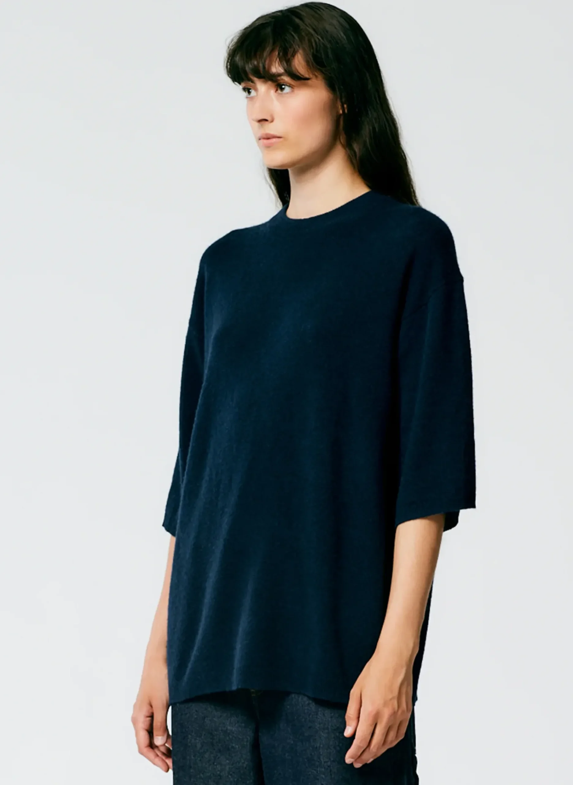 Tibi Feather Weight Cashmere Oversized Easy T-Shirt Navy