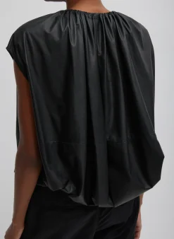 New Tibi Feather Weight Leather Shirred Neck Circular Top Black