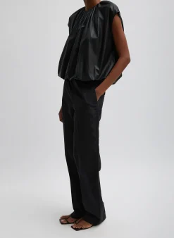 New Tibi Feather Weight Leather Shirred Neck Circular Top Black