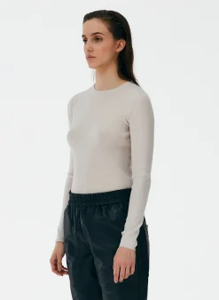 New Tibi Feather Weight Ribbed Crewneck Pullover Sweater Stone