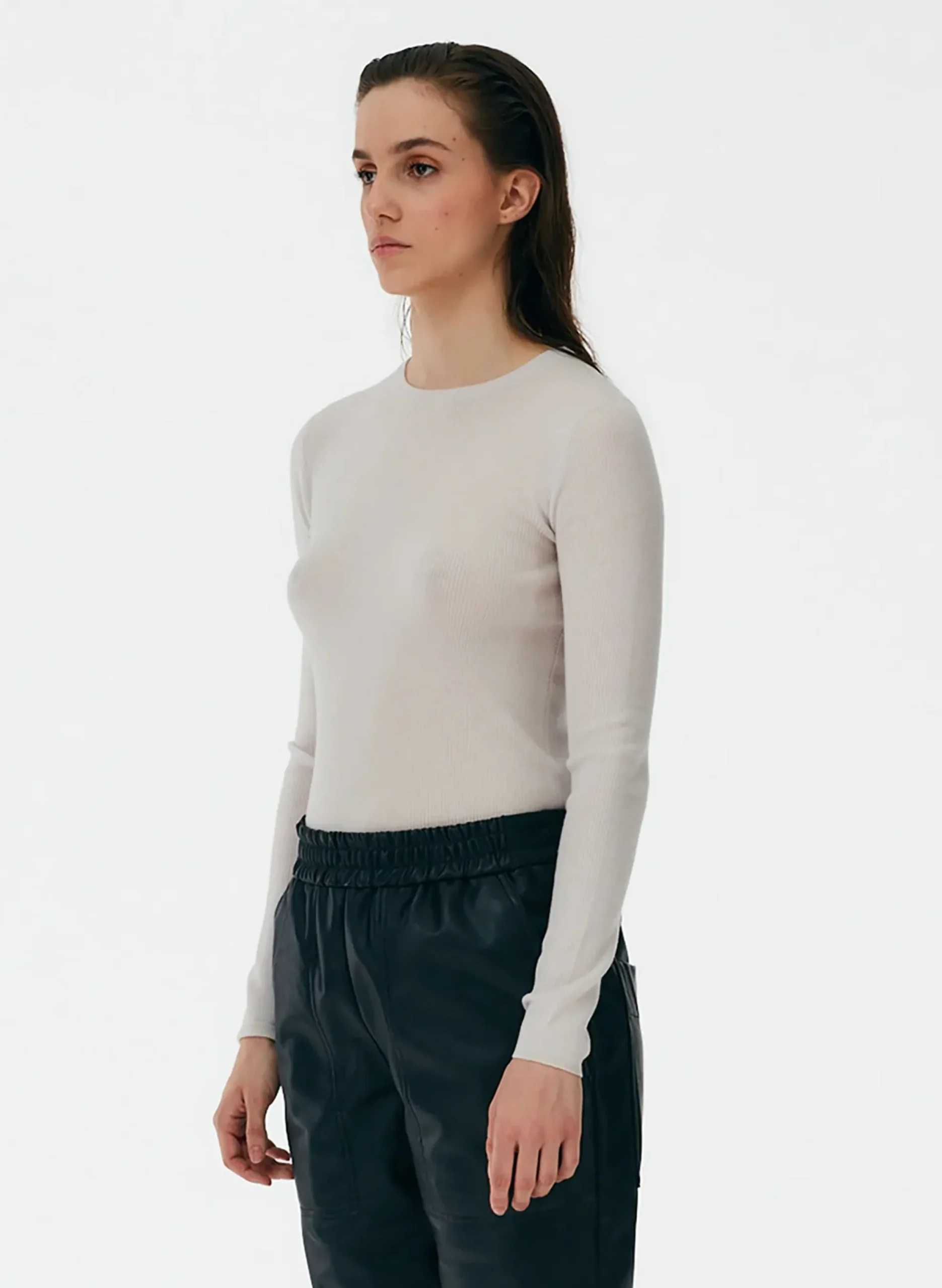 New Tibi Feather Weight Ribbed Crewneck Pullover Sweater Stone