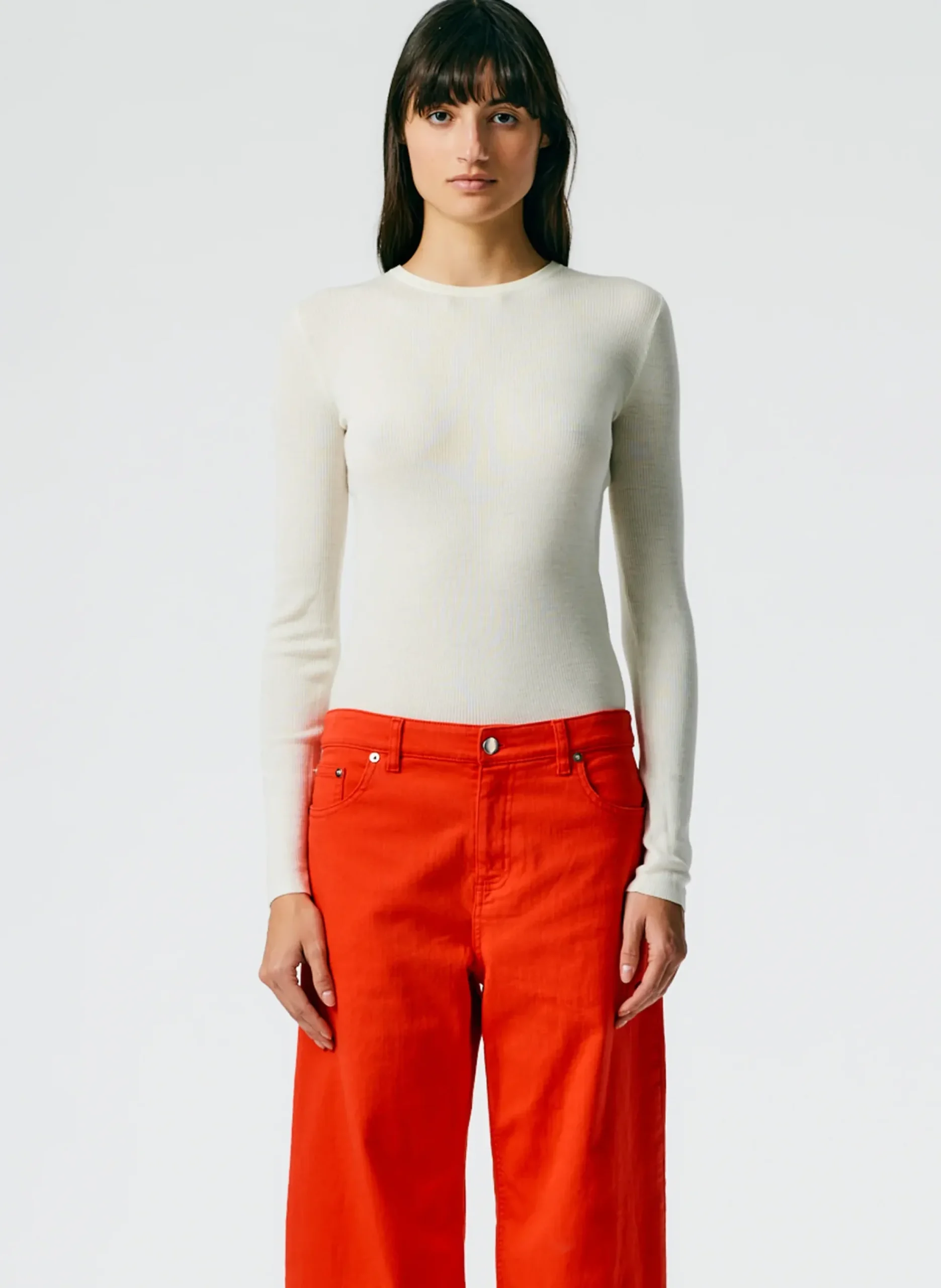 Online Tibi Feather Weight Ribbed Crewneck Pullover Sweater Off White