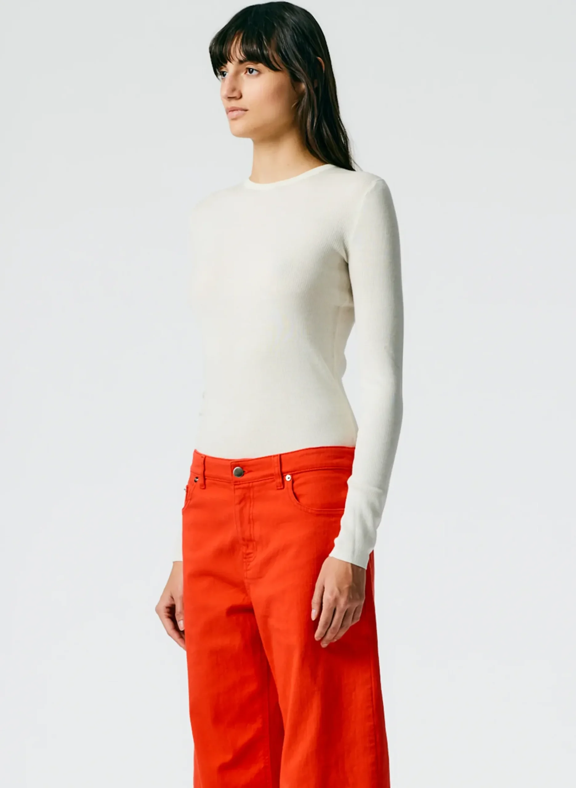 Online Tibi Feather Weight Ribbed Crewneck Pullover Sweater Off White