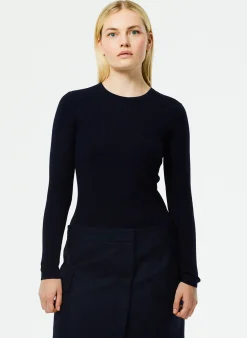 Online Tibi Feather Weight Ribbed Crewneck Pullover Sweater Navy