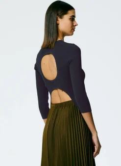 Best Tibi Giselle Stretch Sweater Circle Openback Pullover Navy Fog