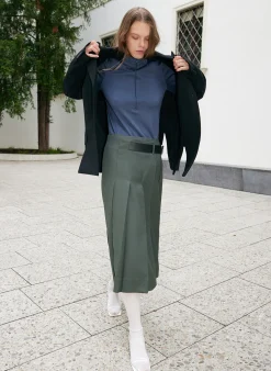 New Tibi Grain De Poudre Wide Pleat Wrap Skirt Grey Pine