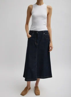 Clearance Tibi Indigo Denim Midi A-Line Skirt Dark Denim