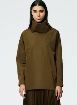 Tibi Italian Sporty Nylon Cowl Neck Top Wood