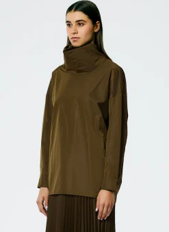 Tibi Italian Sporty Nylon Cowl Neck Top Wood