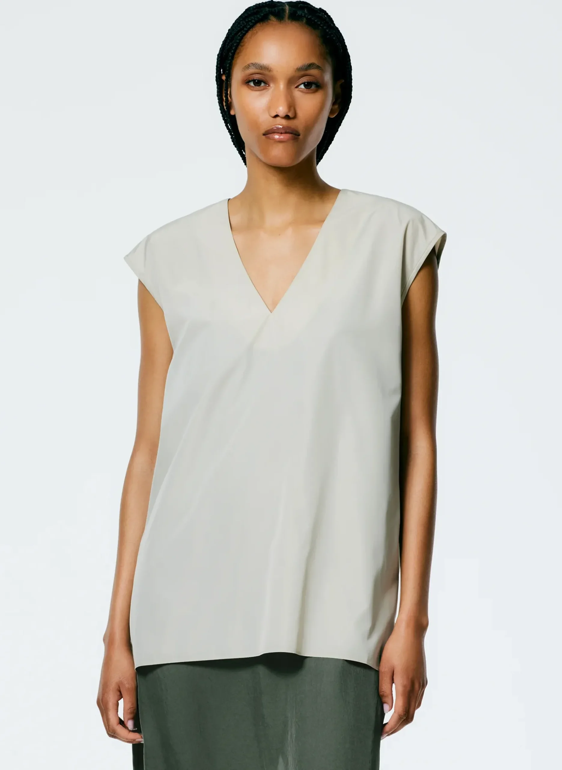 Tibi Italian Sporty Nylon Sleeveless V-Neck Top Ash