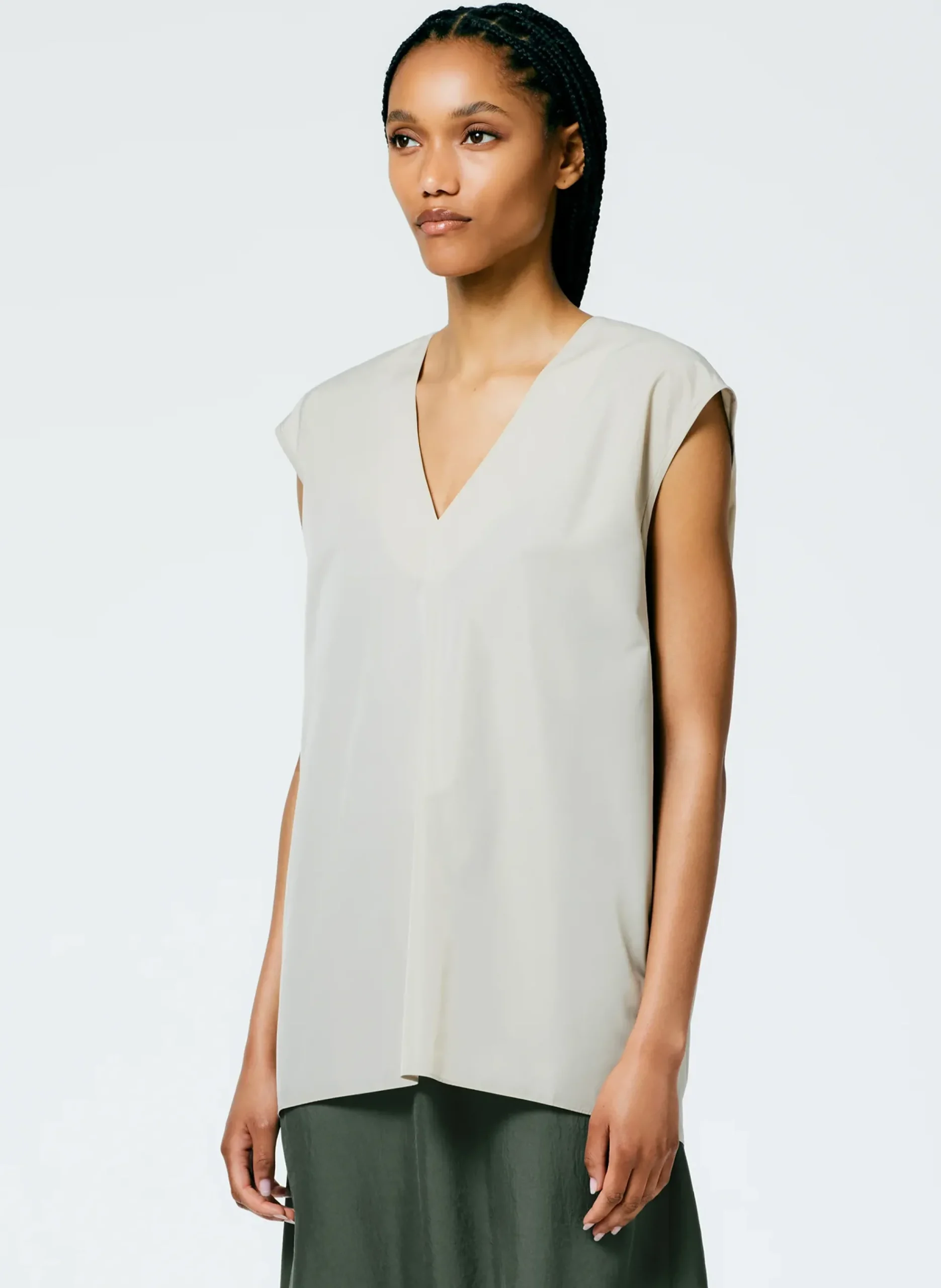 Tibi Italian Sporty Nylon Sleeveless V-Neck Top Ash