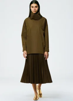 Clearance Tibi Italian Sporty Nylon Sunray Pleated Pull On Skirt Wood