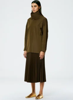 Clearance Tibi Italian Sporty Nylon Sunray Pleated Pull On Skirt Wood