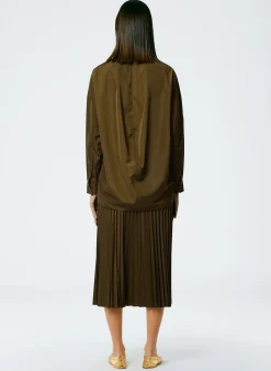 Clearance Tibi Italian Sporty Nylon Sunray Pleated Pull On Skirt Wood