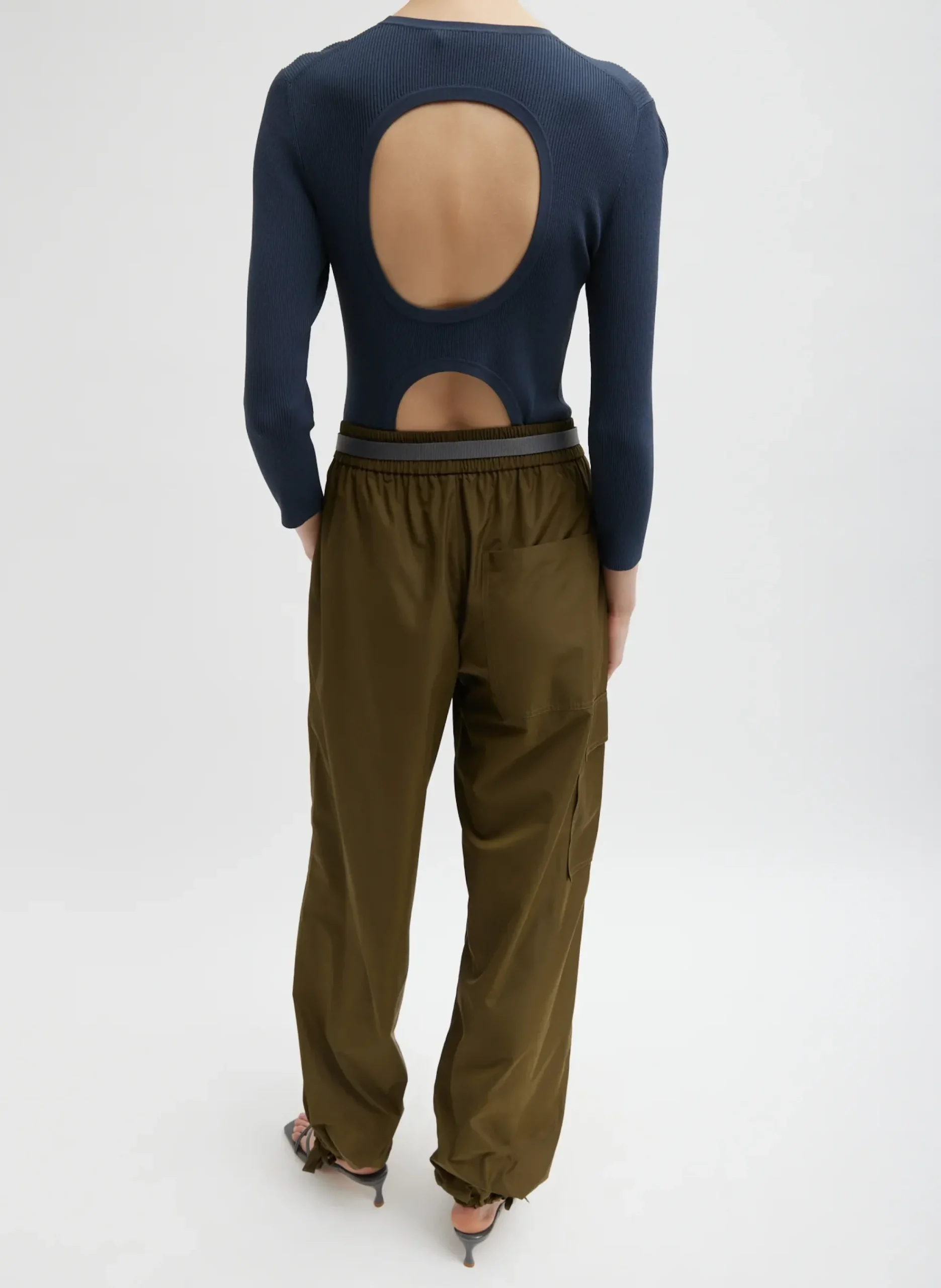 New Tibi Italian Sporty Nylon Wide Leg Pull On Pant Wood