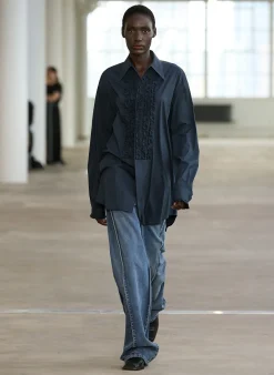Sale Tibi Light Weight Cotton Nylon Easy Tuxedo Shirt Midnight Navy