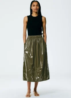 Discount Tibi Light Weight Stretch Patent Smocking Waistband Full Skirt Wood