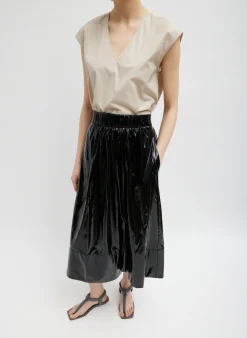 Tibi Light Weight Stretch Patent Smocking Waistband Full Skirt Black