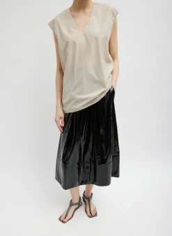 Tibi Light Weight Stretch Patent Smocking Waistband Full Skirt Black