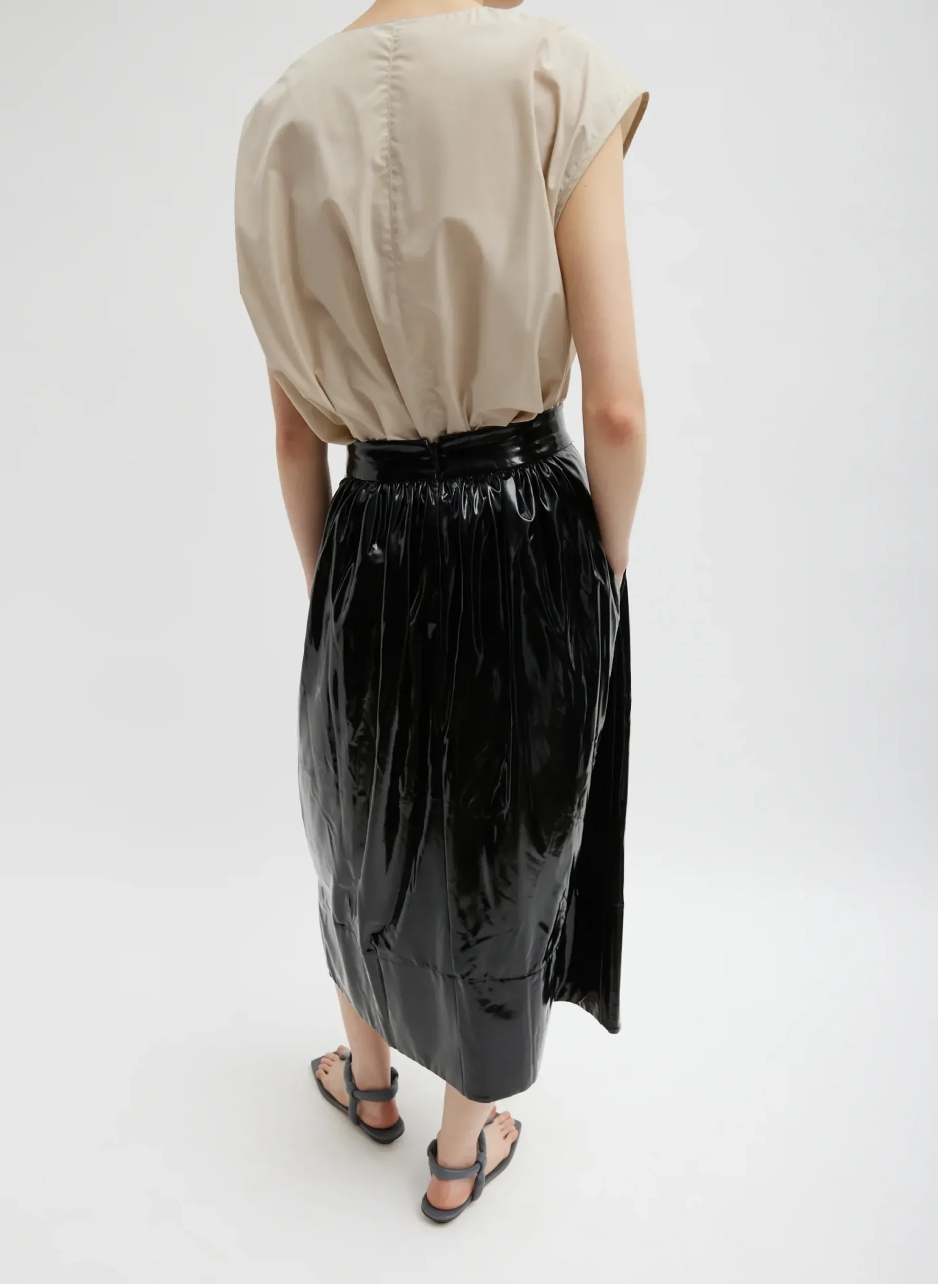 Tibi Light Weight Stretch Patent Smocking Waistband Full Skirt Black