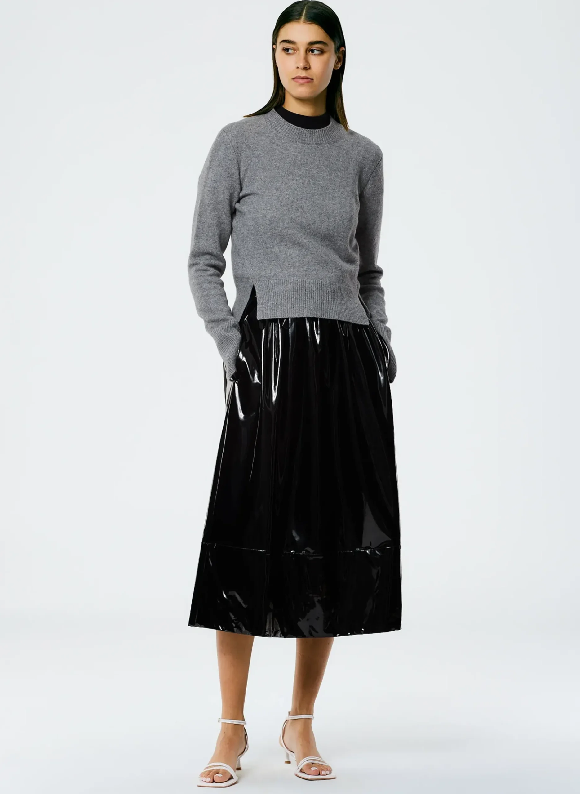 Tibi Light Weight Stretch Patent Smocking Waistband Full Skirt Black