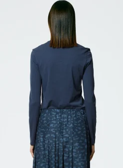 Clearance Tibi Long Sleeve Fitted T-Shirt Navy Fog