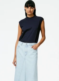 New Tibi Mock Neck Sleeveless T-Shirt Navy