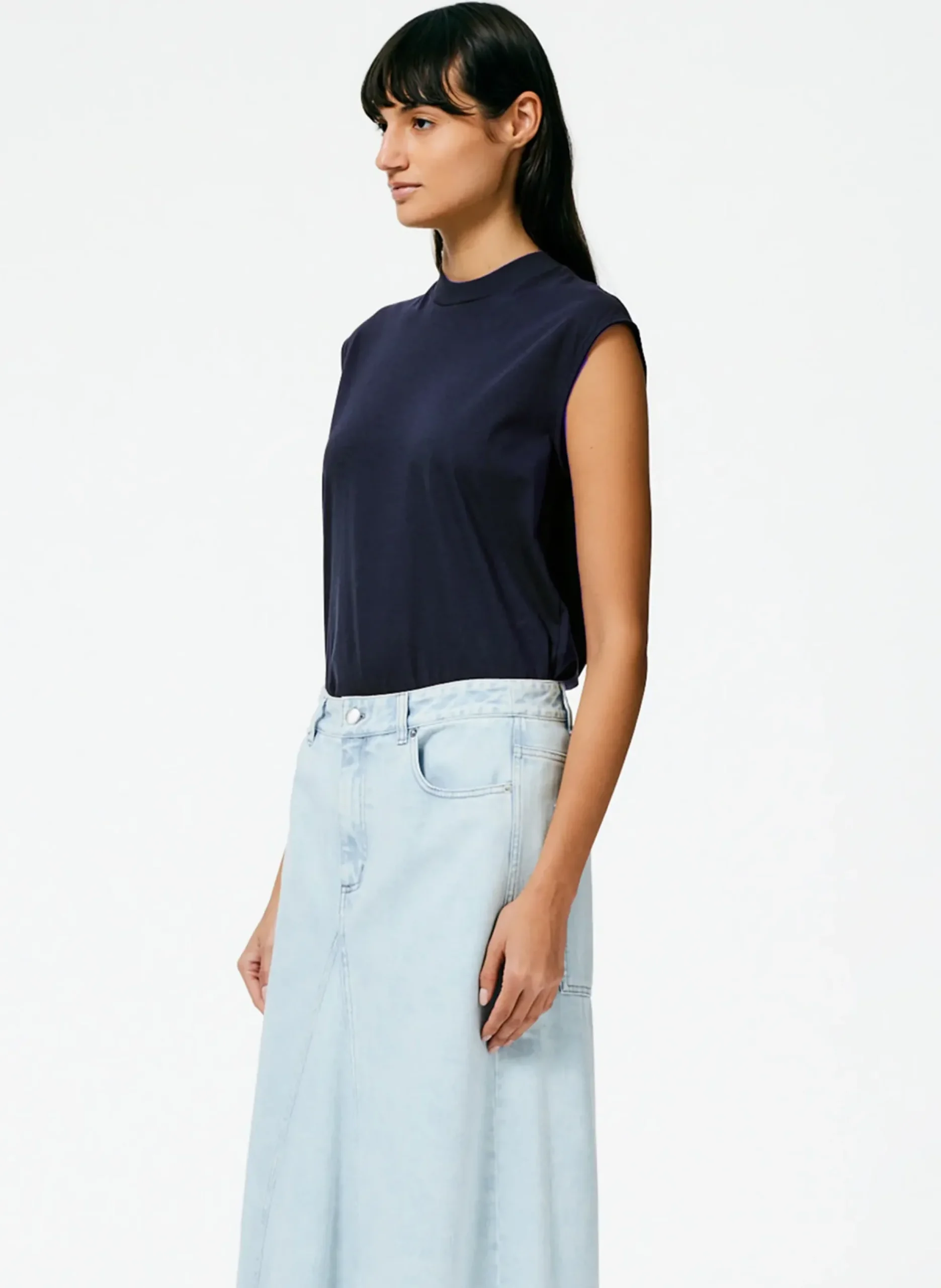 New Tibi Mock Neck Sleeveless T-Shirt Navy