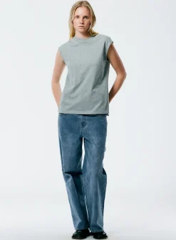 New Tibi Mock Neck Sleeveless T-Shirt Heather Grey