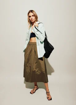 New Tibi Nylon Pull On Full Skirt Dark Taupe