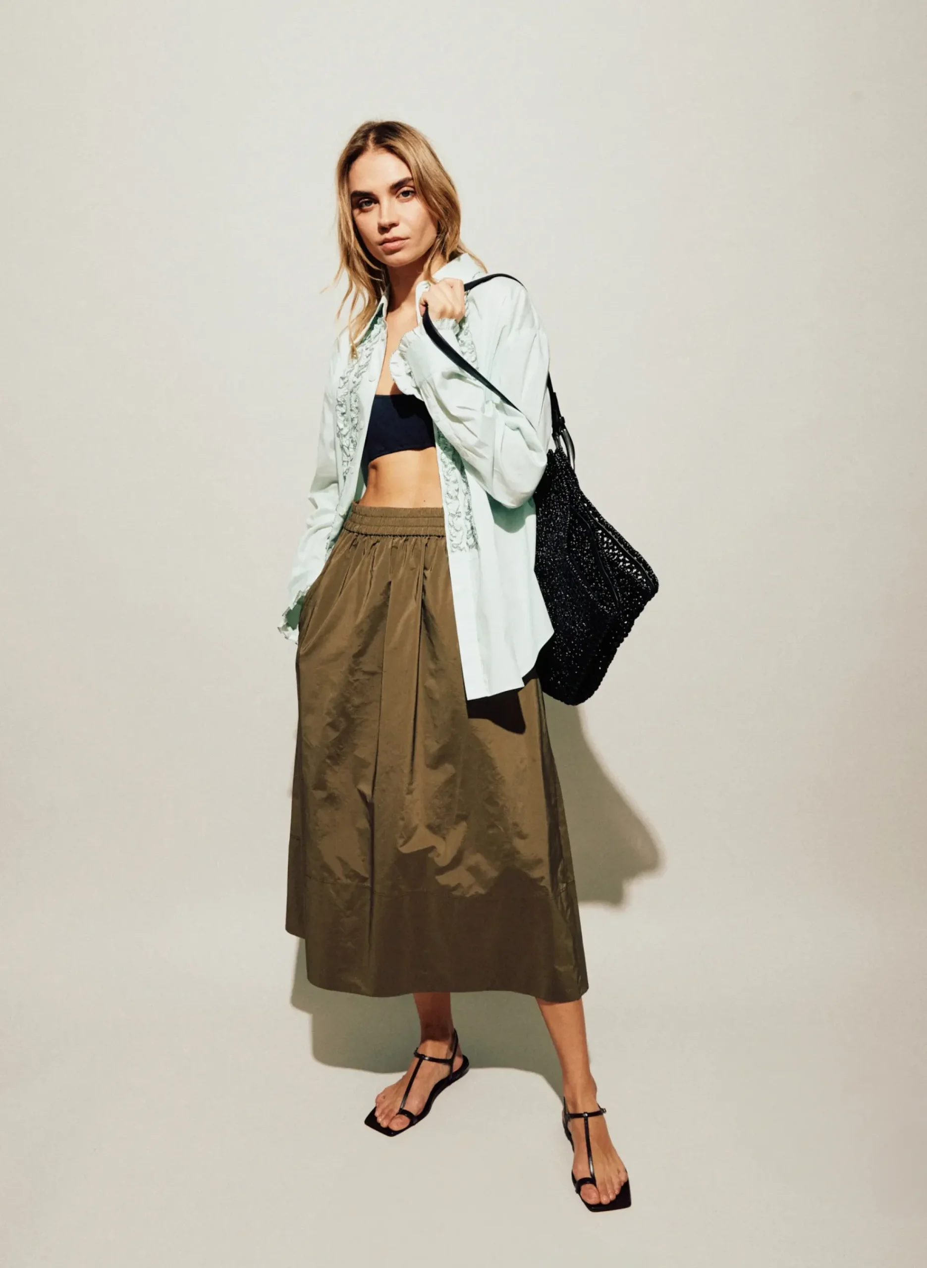 New Tibi Nylon Pull On Full Skirt Dark Taupe