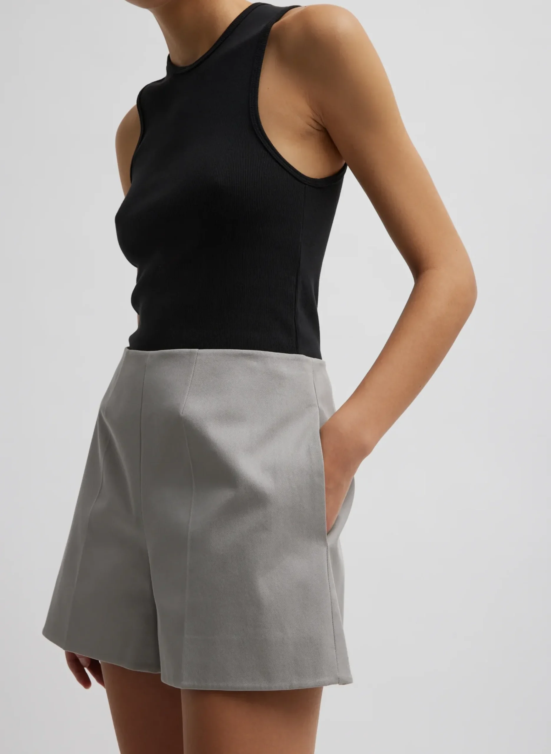 Hot Tibi Oliver Cotton Stretch Tricotine Structured Shorts Grey Moon