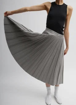 New Tibi Oliver Cotton Stretch Tricotine Pintucked Skirt Grey Moon