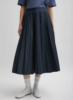Discount Tibi Oliver Cotton Stretch Tricotine Pintucked Skirt Slate Blue