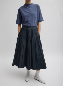 Discount Tibi Oliver Cotton Stretch Tricotine Pintucked Skirt Slate Blue