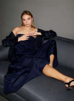 New Tibi 4-Ply Silk Strapless Sculpted Dress Dark Navy
