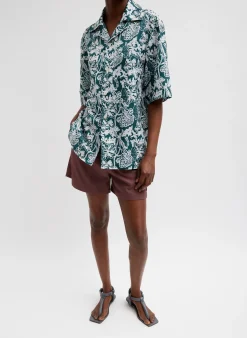 Online Tibi Recycled Nylon Batik Camp Shirt Hunter Green Multi
