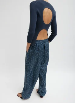 Hot Tibi Recycled Sporty Nylon Cheetah Wide Leg Pull On Pant Navy Fog Multi
